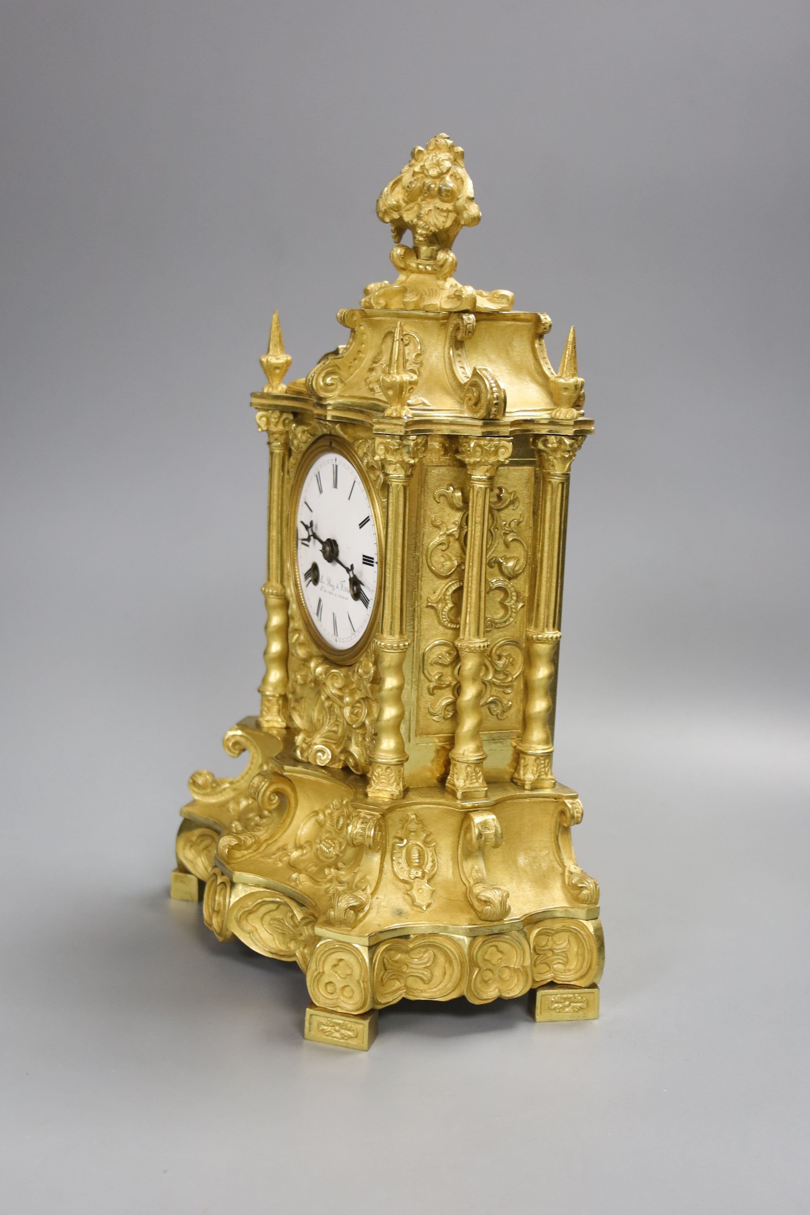 A mid 19th century French gilt bronze mantel clock, dial signed Le Roy & Fils, Paris, Japy movement, height 31cm